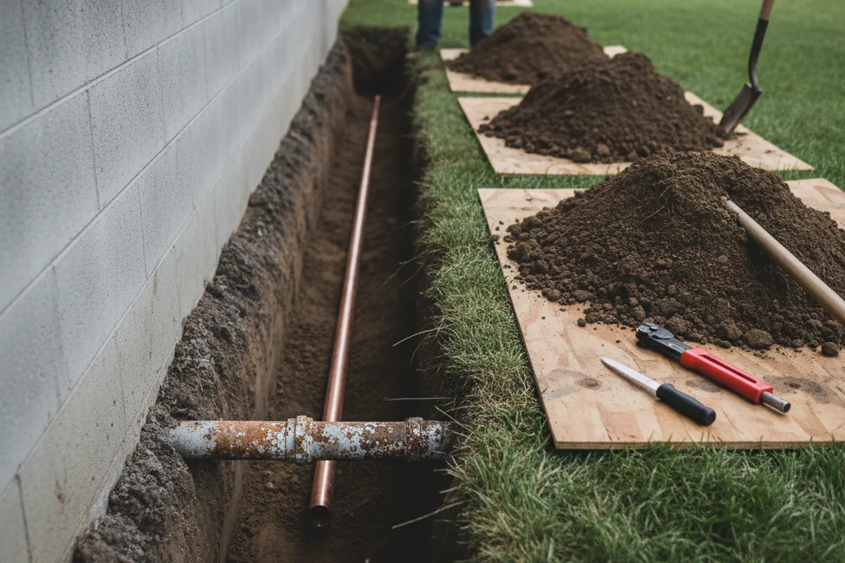 Excavated water line trench during Water Heater Repair in Gill